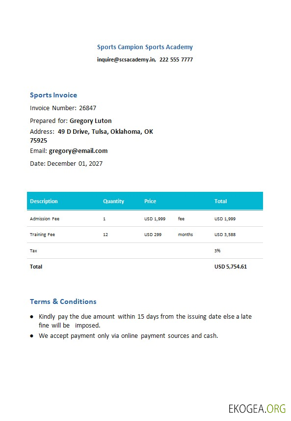 Modèle de facture de sport gratuit template